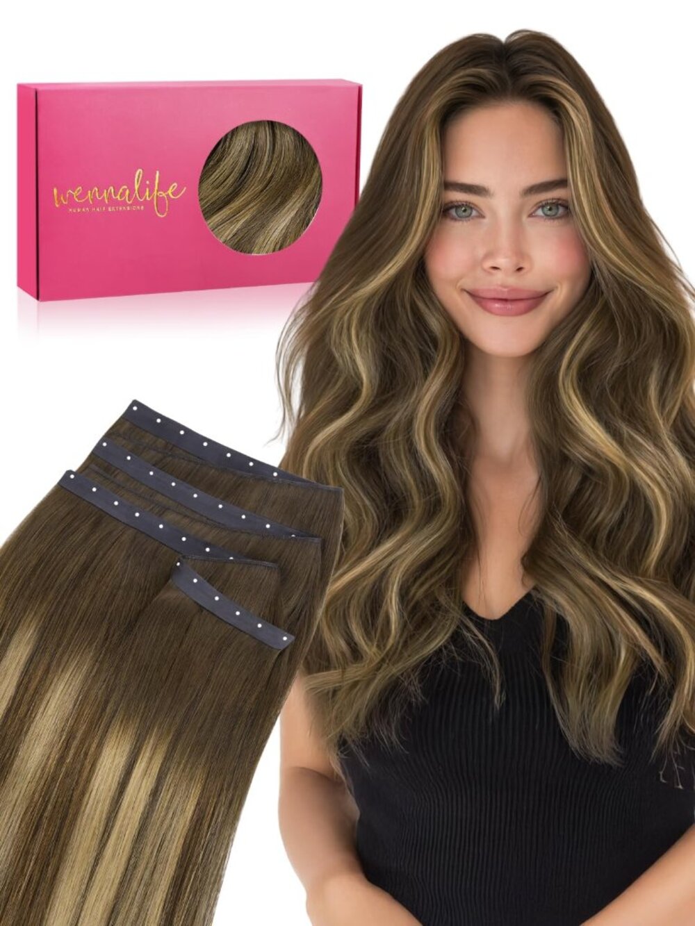 WENNALIFE 18" 3PC Butterfly Weft Human Hair Balayage Brown to Caramel Extensions